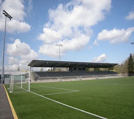 A well-maintained green artificial turf soccer field with white line markings is in the foreground, leading towards covered stadium seating under a blue sky dotted with fluffy white clouds. Tall light poles stand around the field.