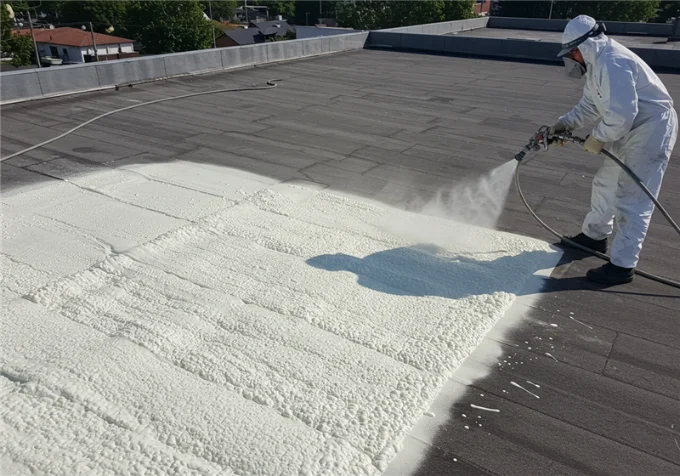Worker in white protective suit and respirator applying white spray foam insulation in strips onto a dark flat roof surface.